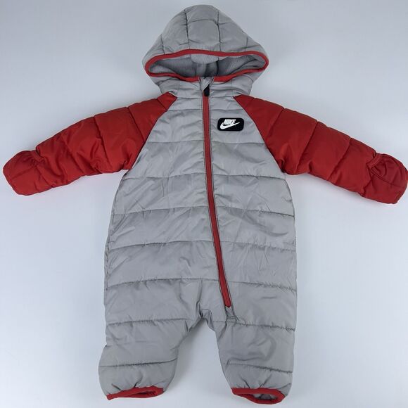 Nike Baby 3 Mo Fleece Lined Full Zip Puffer Snowsuit Atmosphere Gray Red Hooded - Picture 1 of 7